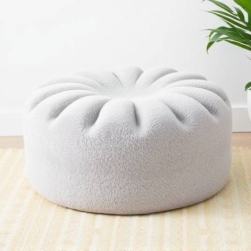 A large, plush pouf in a light gray color with a memory foam filling.