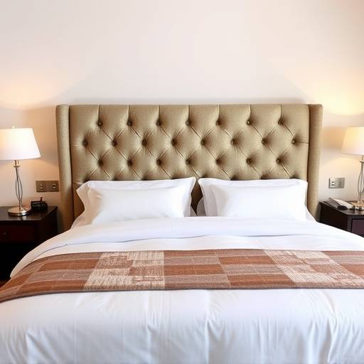 A luxurious king-sized bed with a tufted headboard and soft bedding