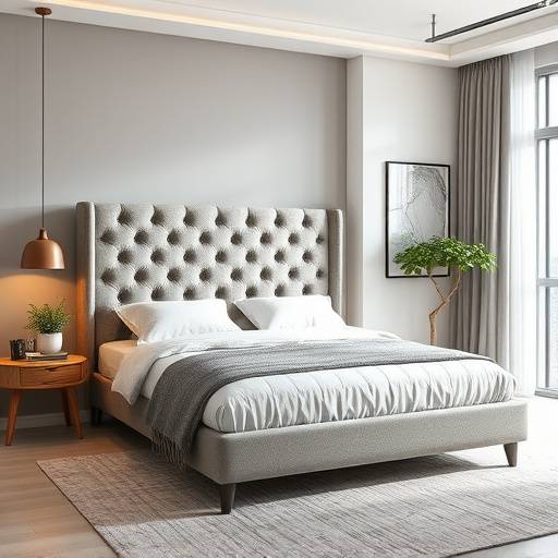 A queen-sized bed with a tufted headboard, styled in a modern bedroom