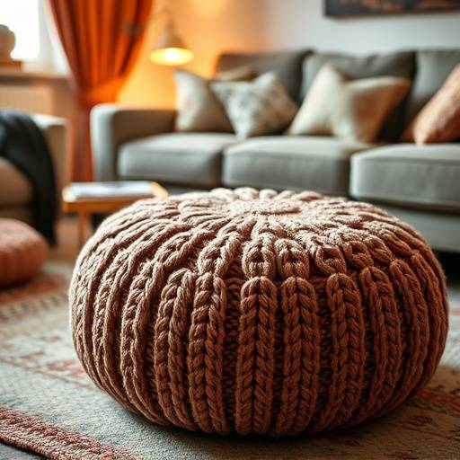 A small, cozy pouf with a knitted texture, placed in a living room setting