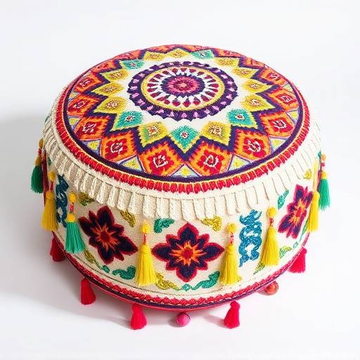 A small, round pouf with colorful embroidery and tassels.