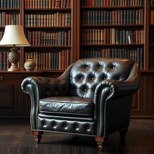 A stylish leather armchair in a study with a bookshelf in the background