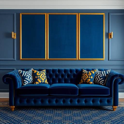 Dark blue velvet sofa with gold accents and geometric design