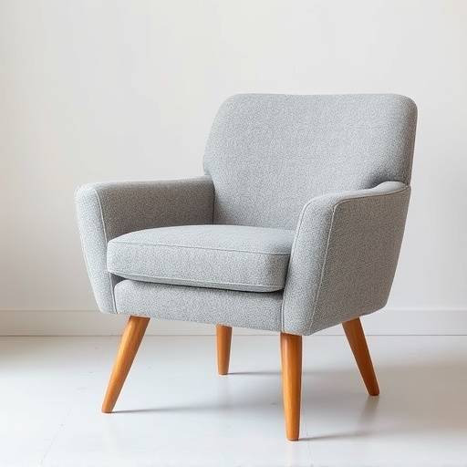 Elegant mid-century modern armchair with grey fabric upholstery and wooden legs.