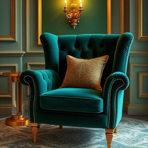 Luxurious velvet armchair in a deep emerald green with gold accents.
