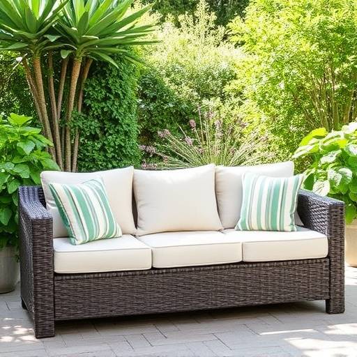 Outdoor patio sofa made from weather-resistant wicker with comfortable cushions